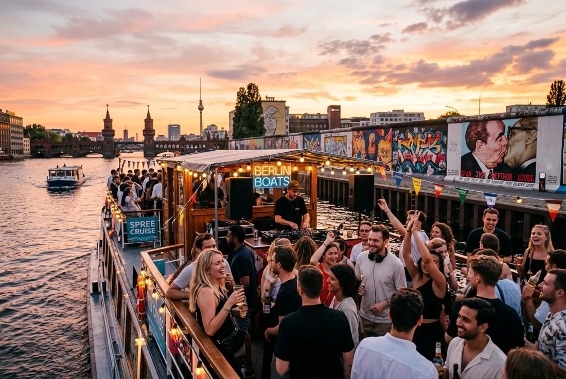 A Spree party boat at sunset