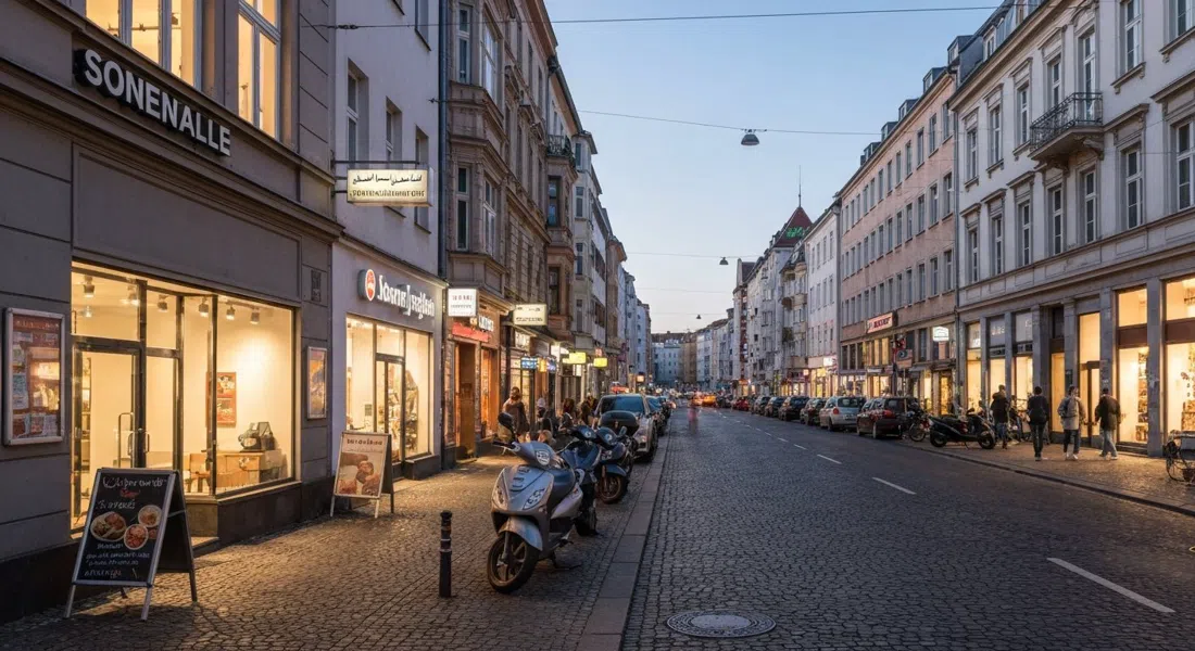 Sonnenallee in Neukölln at dusk, shopfronts glowing under Arabic and German signage, with pedestrians and parked scooters crowding the pavement