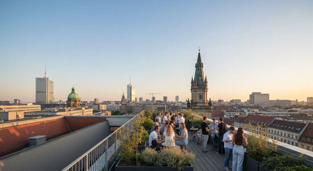 Klunkerkranich rooftop garden on the Neukölln Arcaden car park at sunset, Berlin skyline spread beyond planters, railings and a crowd with drinks