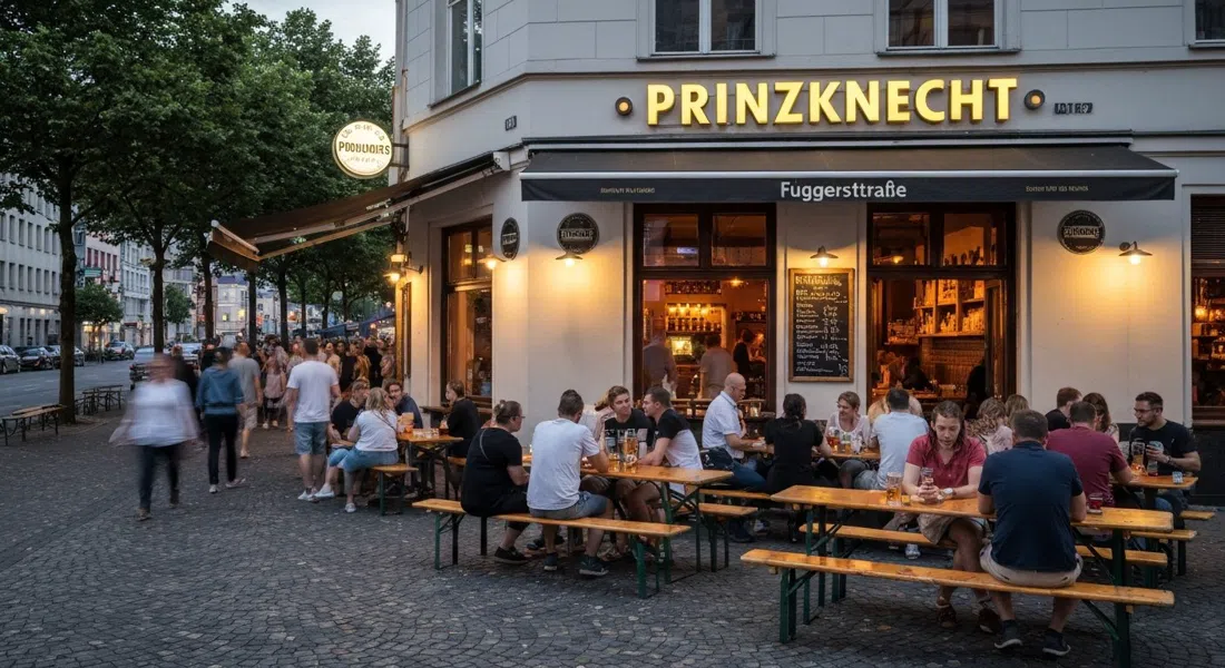 黄昏时富格大街上的Prinzknecht外观,啤酒长椅放在人行道上,人们在骄傲游行前聚集,酒吧窗户透出温暖的光芒