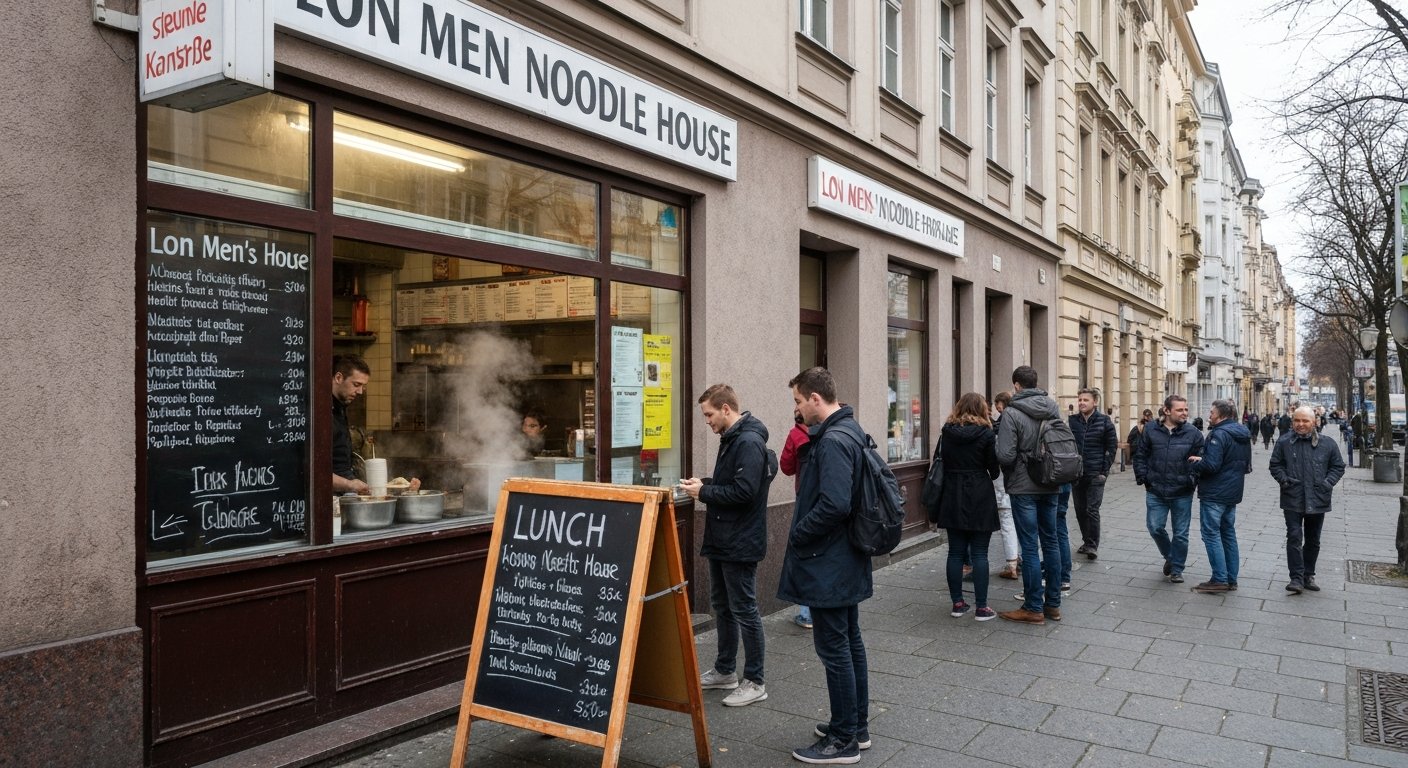 the narrow frontage of Lon Men’s Noodle House on Kantstraße with a small queue outside at lunch, steam and handwritten menu details visible through the window