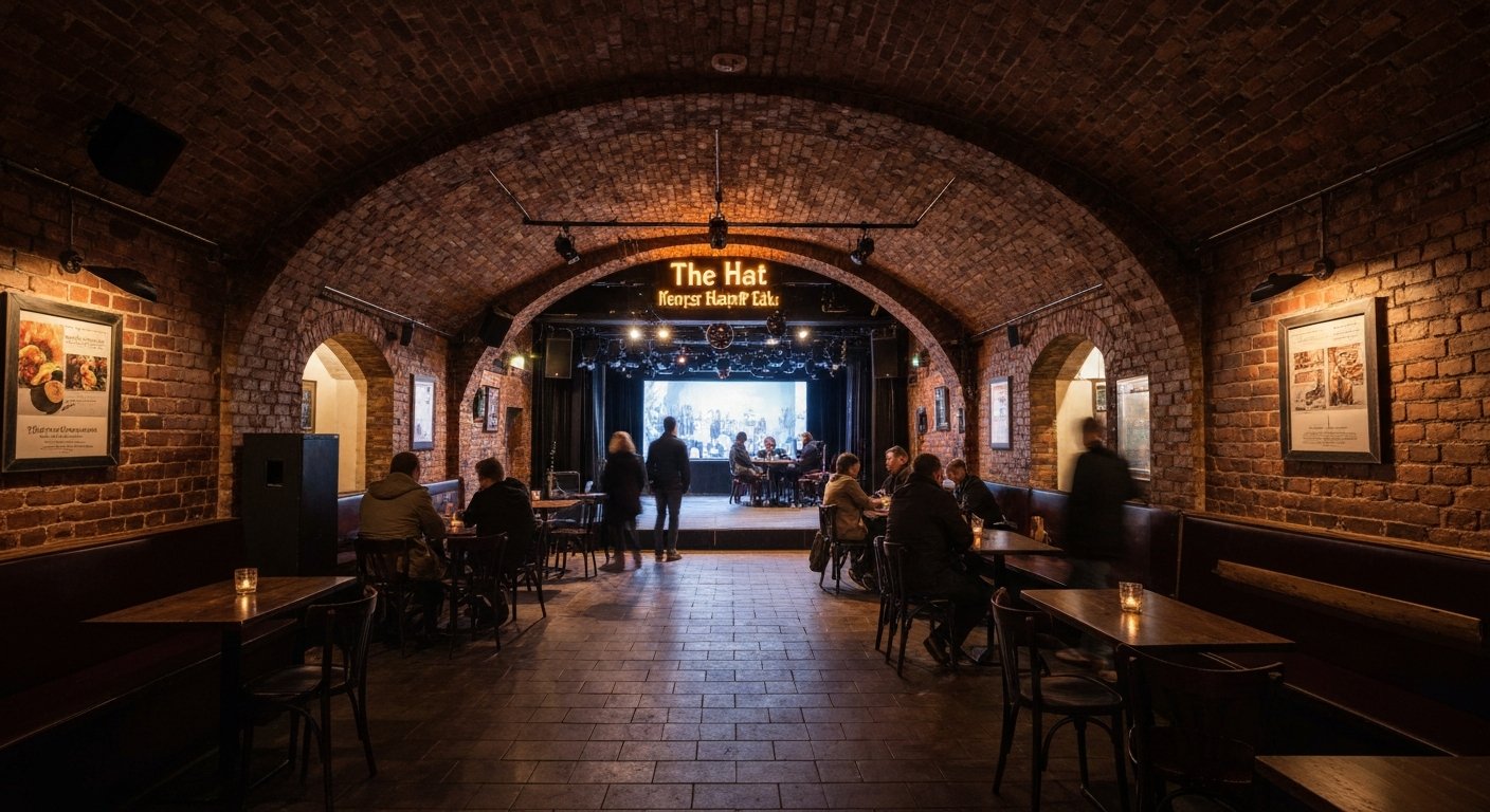 the dim brick-lined interior of The Hat behind Kranzler Eck, a tiny stage at the far end and low amber light over the bar