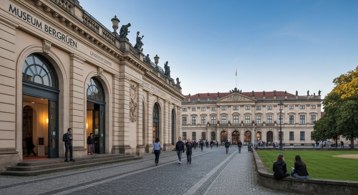 Museum Berggruen’s compact museum entrance opposite Schloss Charlottenburg, with the palace gardens and a quiet pedestrian approach in late-afternoon light