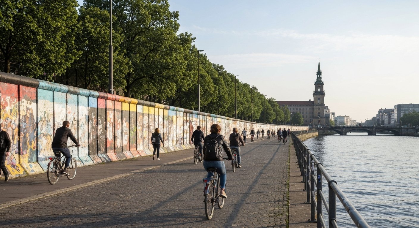 East Side Gallery i tidlig morgonlys, malte Berlinmurseksjoner langs Spree med fotgjengere og syklister på elvepromenaden
