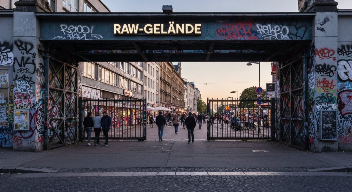 graffitidekket inngang til RAW-Gelände på Revaler Straße i skumringen, lag på lag med gatekunst, industriporter og fotgjengere på vei mot klubbene