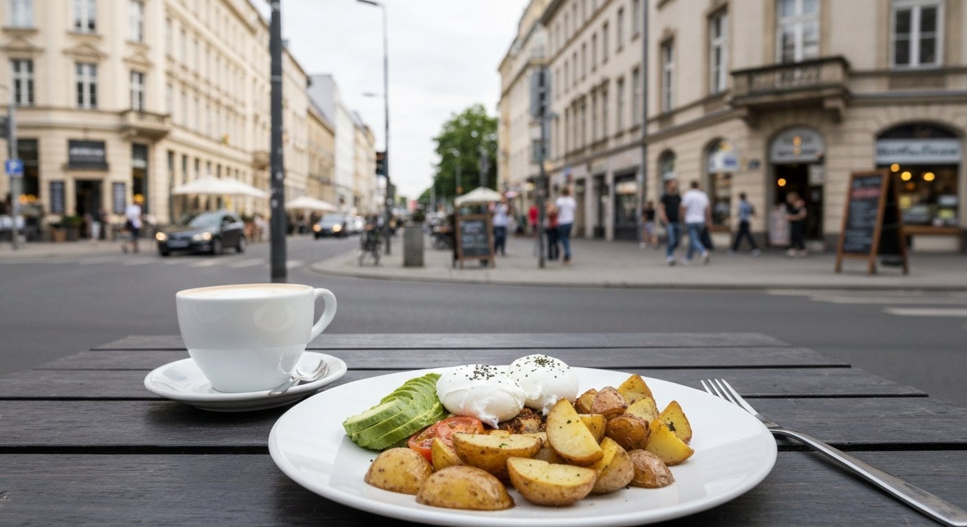 en full frokosttallerken hos Silo Coffee på Gabriel-Max-Straße, posjerte egg, avokado og stekte poteter med en flat white ved siden av