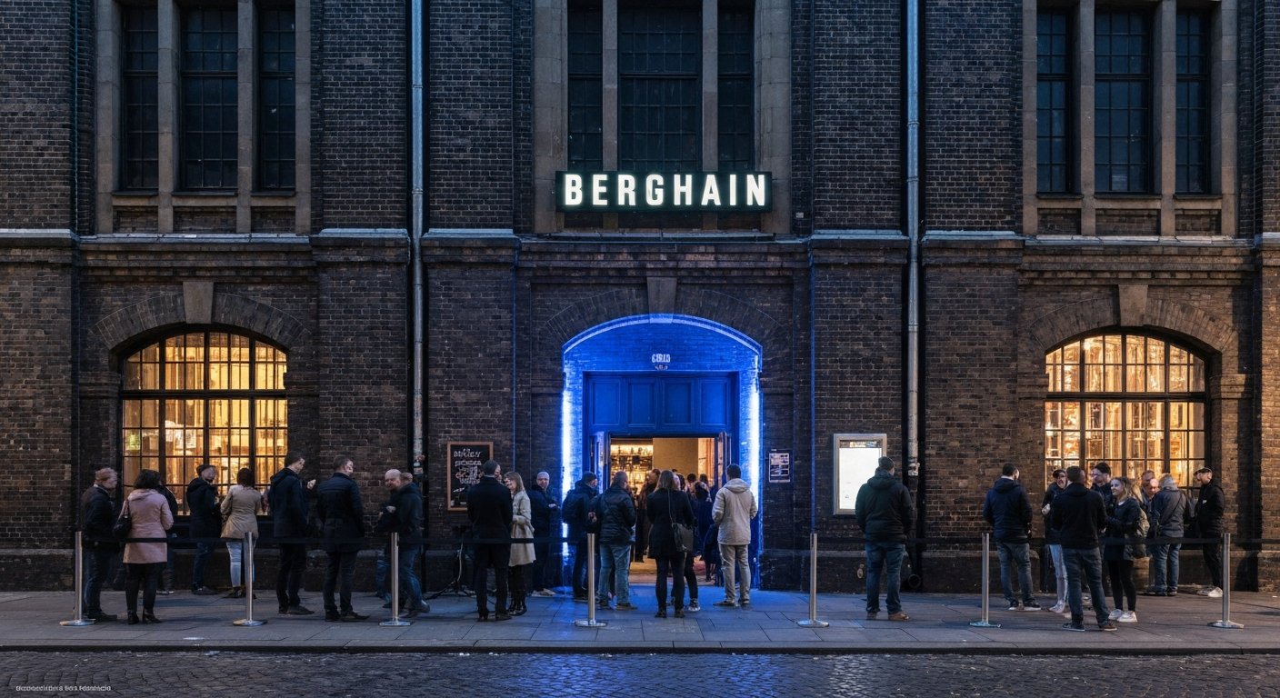 Berghains tidligere kraftverksfasade om natten, mørk industribetong, en kø utenfor og kaldt blått lys rundt inngangen