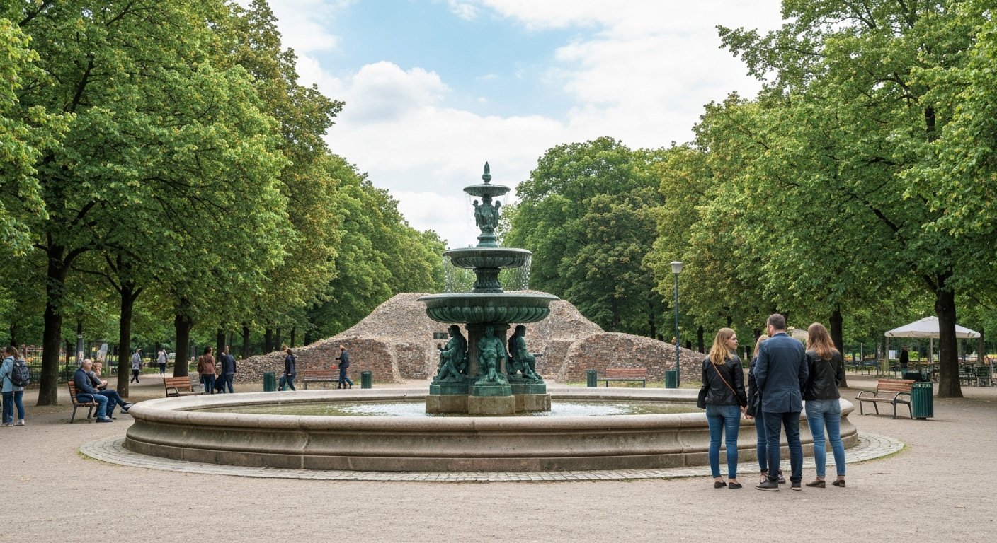 Volkspark Friedrichshain på en klar dag, eventyrfontenen innrammet av trær og parkens rolige stier på vei mot ruskhøydene