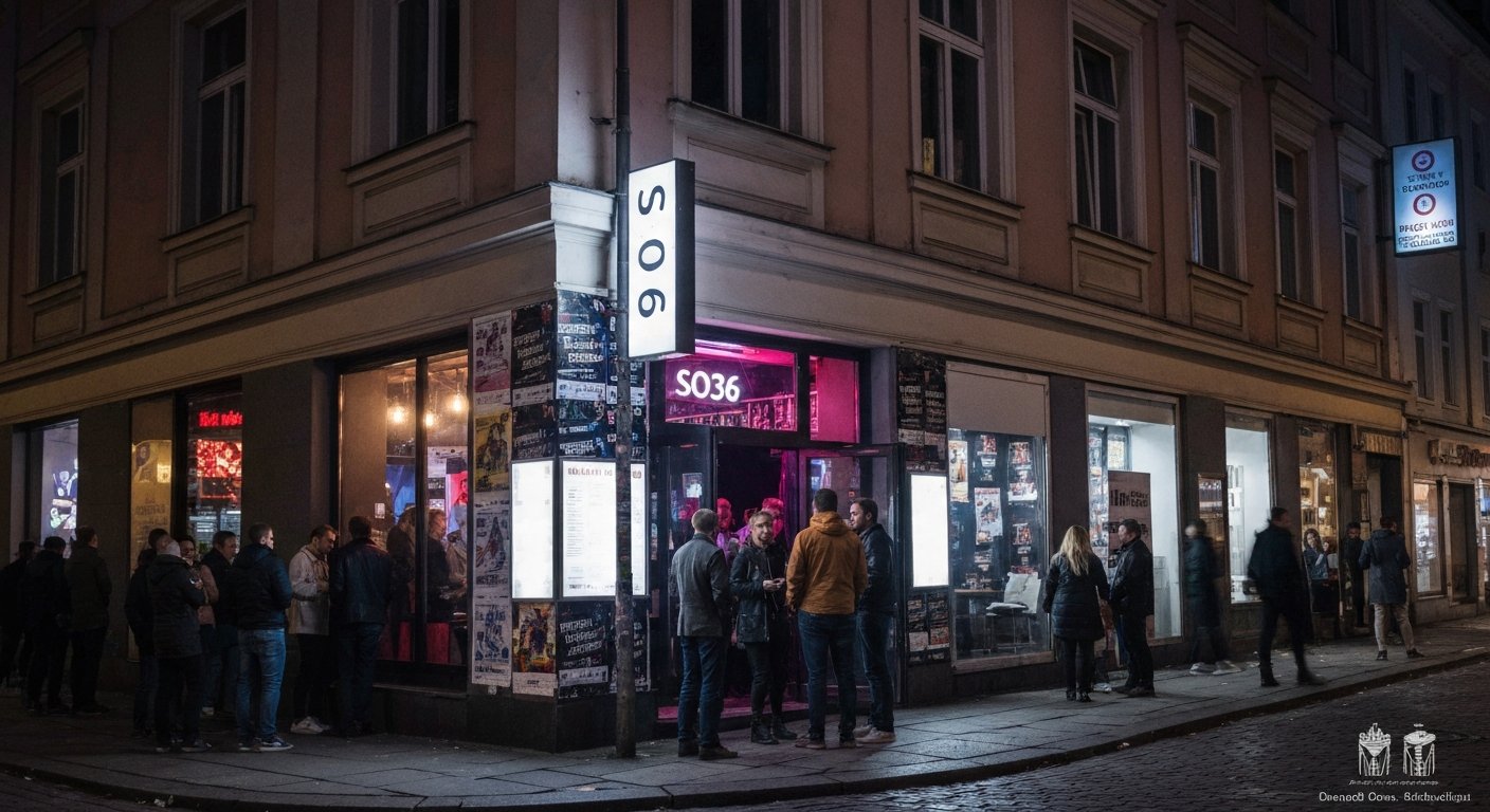 SO36 on Oranienstraße at night, club entrance lit up, people gathering under posters and streetlight