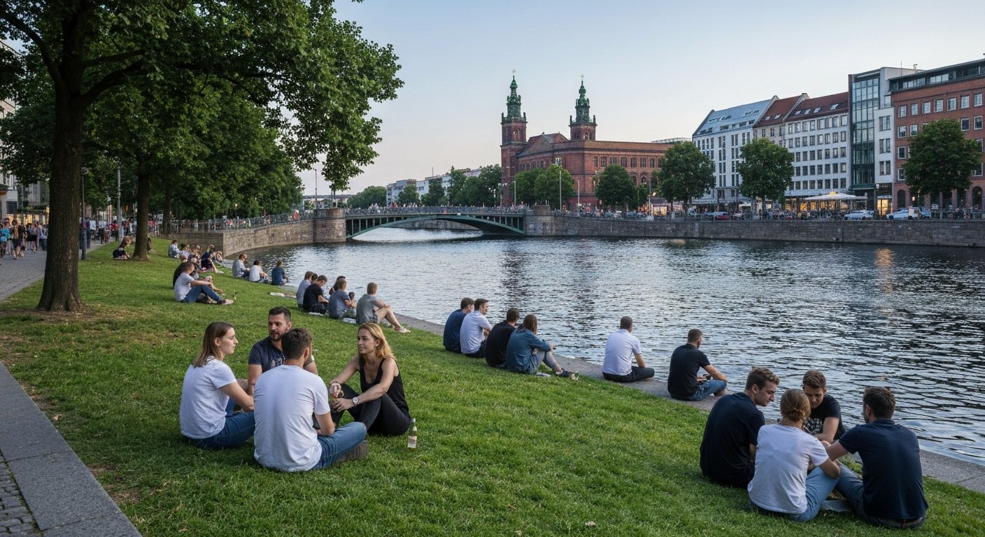 the Landwehrkanal by Paul-Lincke-Ufer on a summer evening, people sitting on the grass with beers near the water