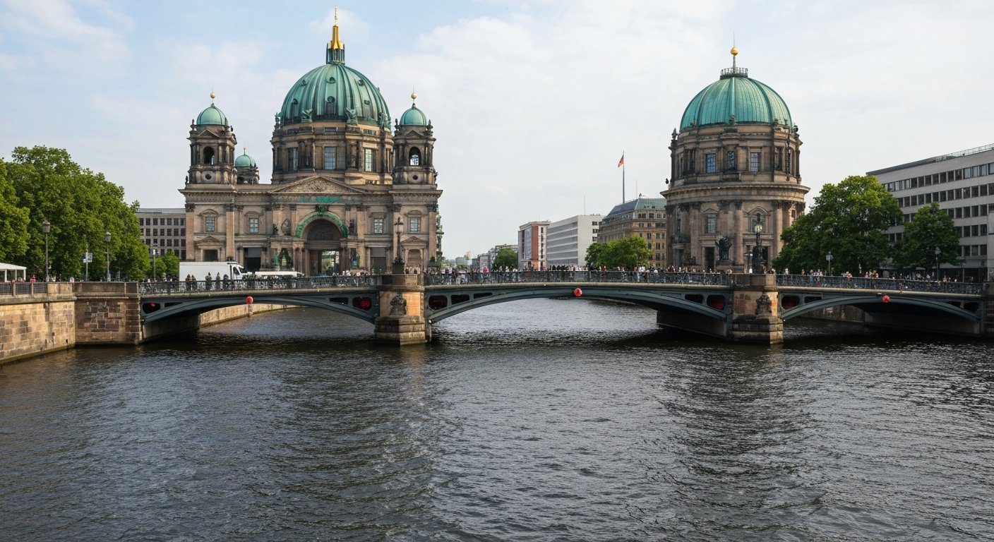 Museum Island on the Spree at daylight, the Berlin Cathedral dome and the Humboldt Forum framing the river with visitors crossing the bridges