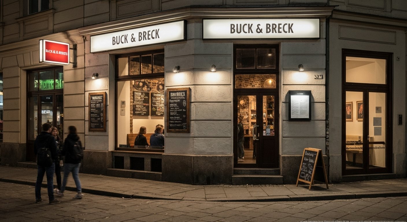 the plain frontage of Buck & Breck on Brunnenstraße at night, a discreet speakeasy entrance with no signage and streetlight reflections