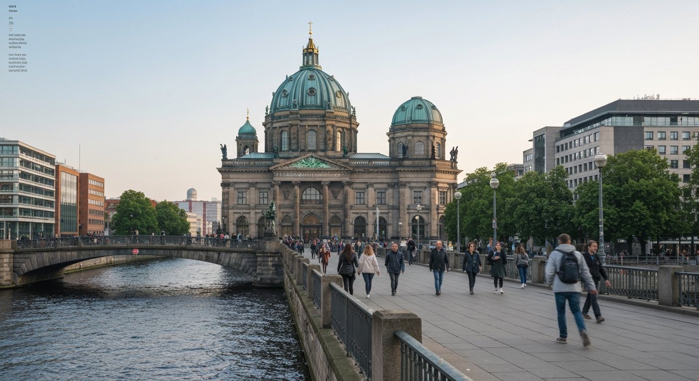 Museum Island seen from the riverbank in soft morning light, the Pergamon and Neues Museum domes rising above the Spree with pedestrians on the bridge