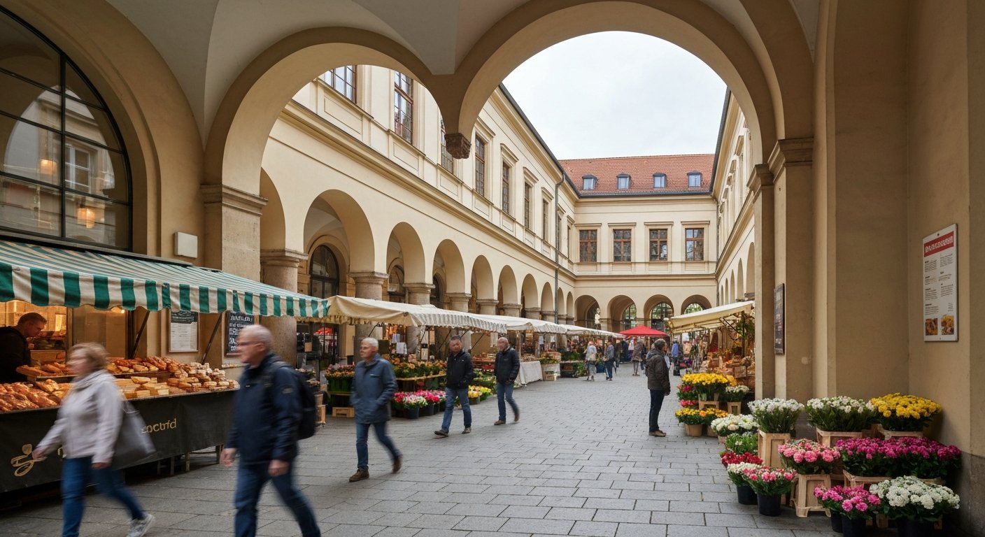 the Hackesche Höfe courtyards on a Saturday morning, shoppers under arched passages with market stalls selling bread, cheese and flowers