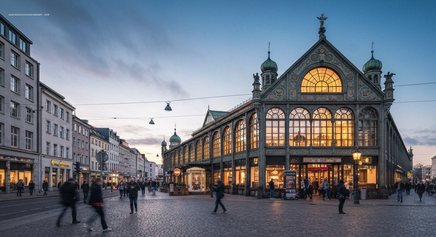 the Arminiusmarkthalle on Arminiusstraße, with its ornate cast-iron structure and basilica-style windows glowing in late-afternoon light