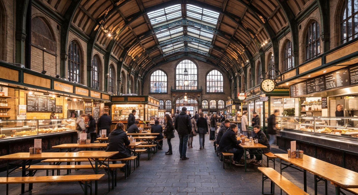 inside the Arminiusmarkthalle, with communal tables, food counters and warm evening light around the market hall’s vaulted interior