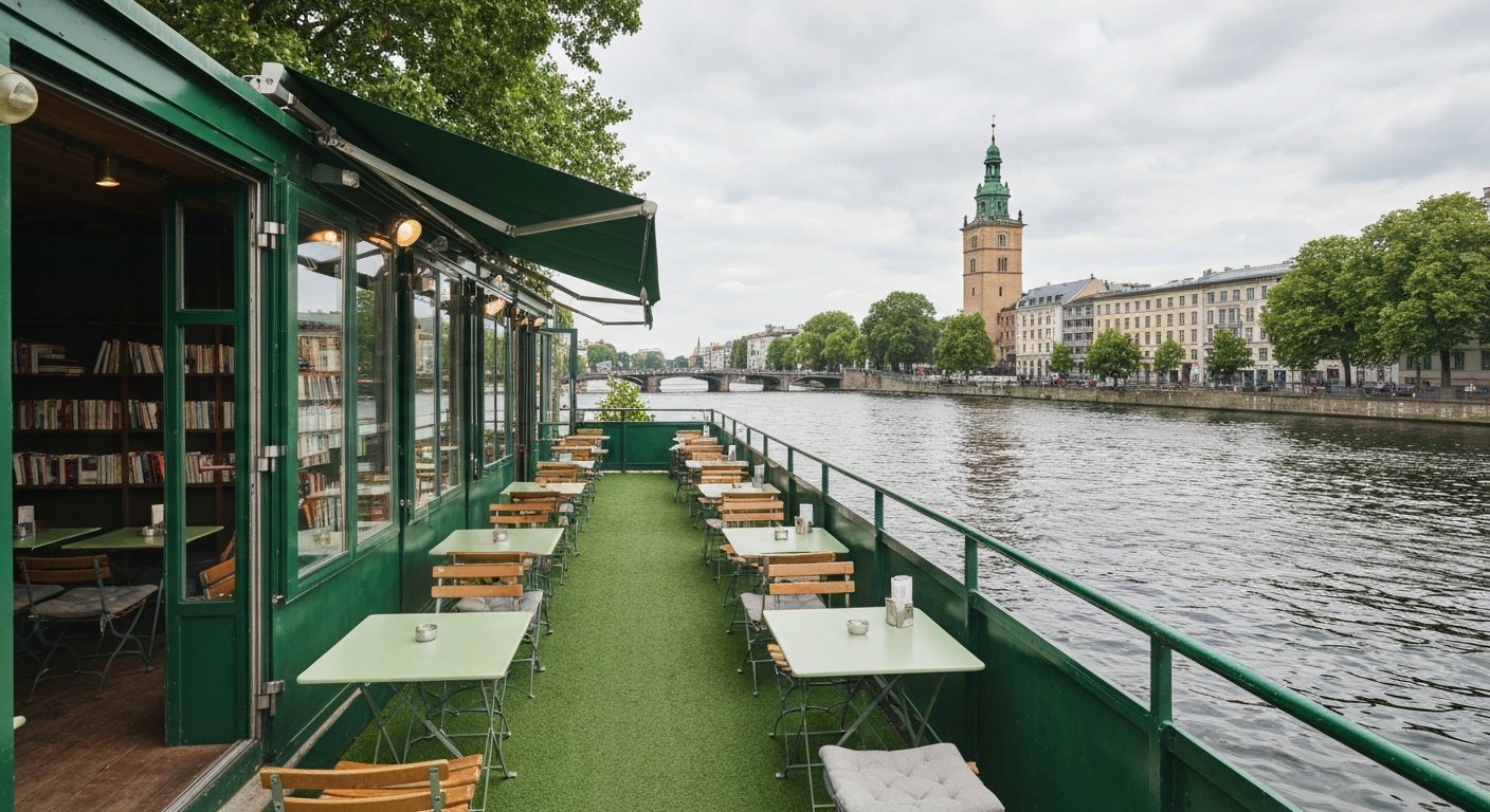 the green terrace at Buchkantine on the Spree, with riverside tables, bookshelves visible inside, and calm water beyond