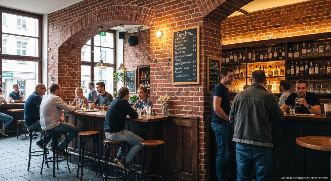 Café Mauerwerk on Zwinglistraße, with brick walls, warm lighting and a chalkboard beer list in a cosy neighbourhood bar