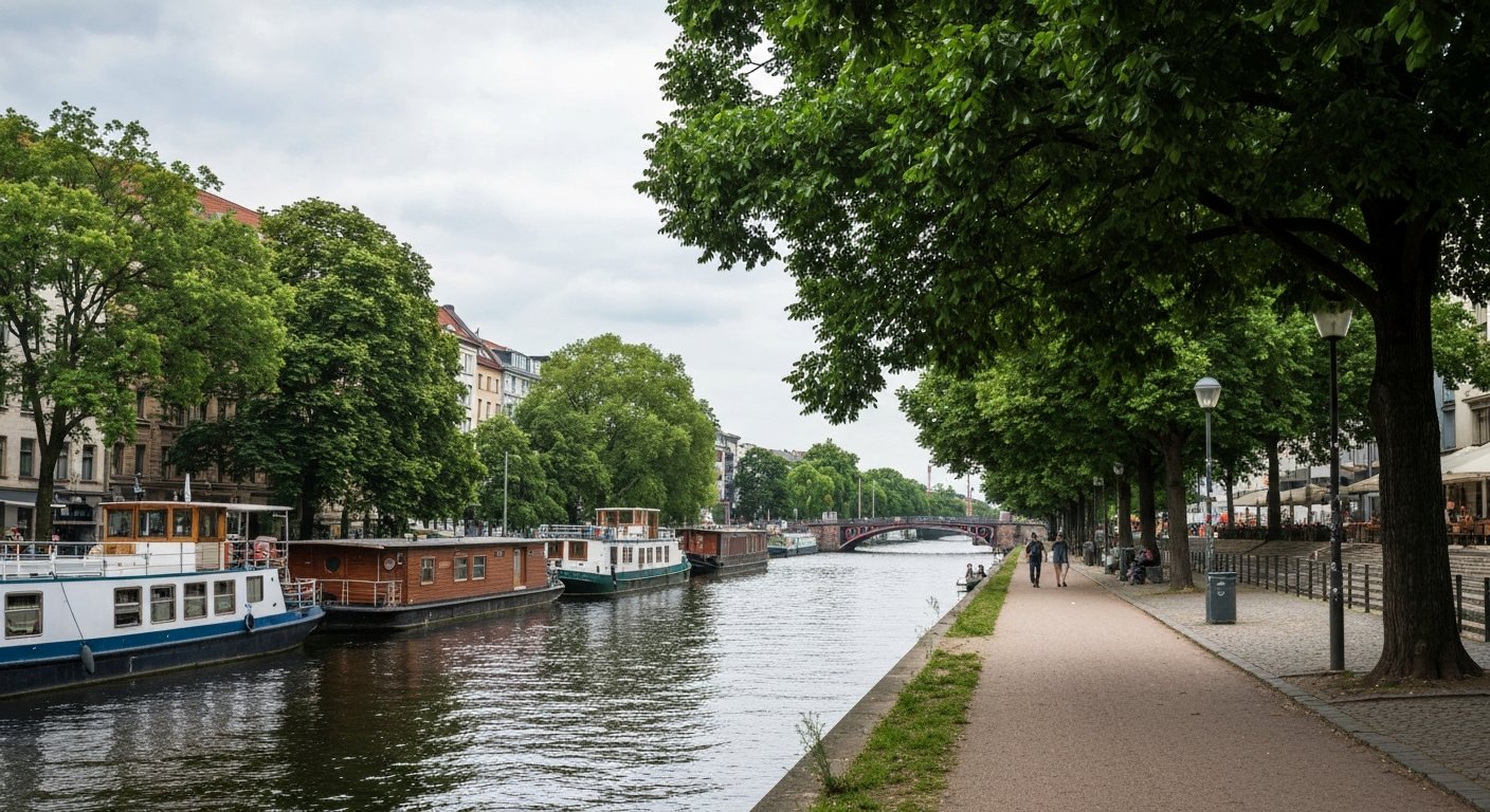 the flat Spree riverside path in Moabit, with houseboats, trees and a quiet walking route under soft summer light