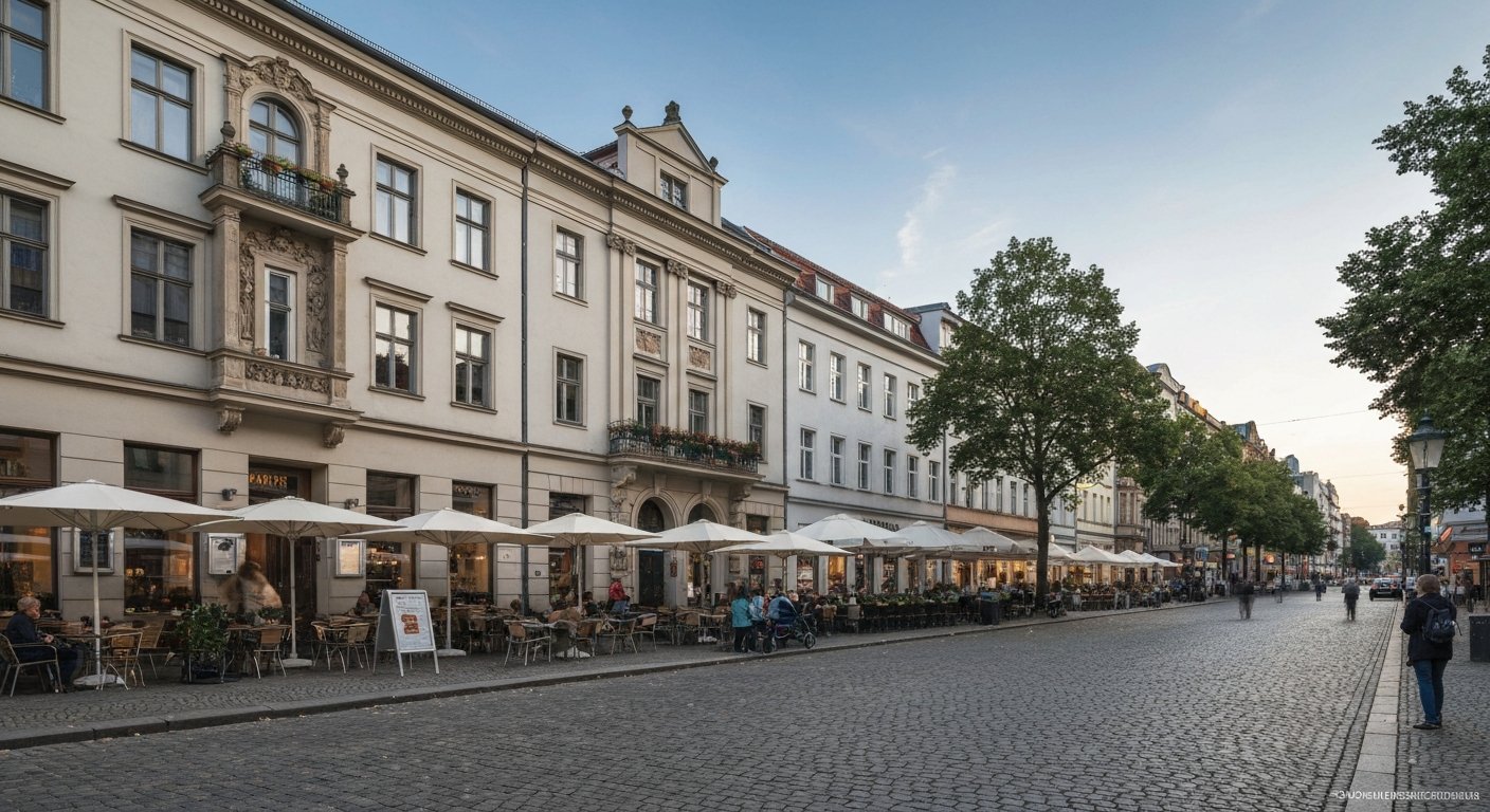 Kollwitzplatz in Prenzlauer Berg at late afternoon, restored Altbau façades, café terraces and prams lined up beside the cobbles