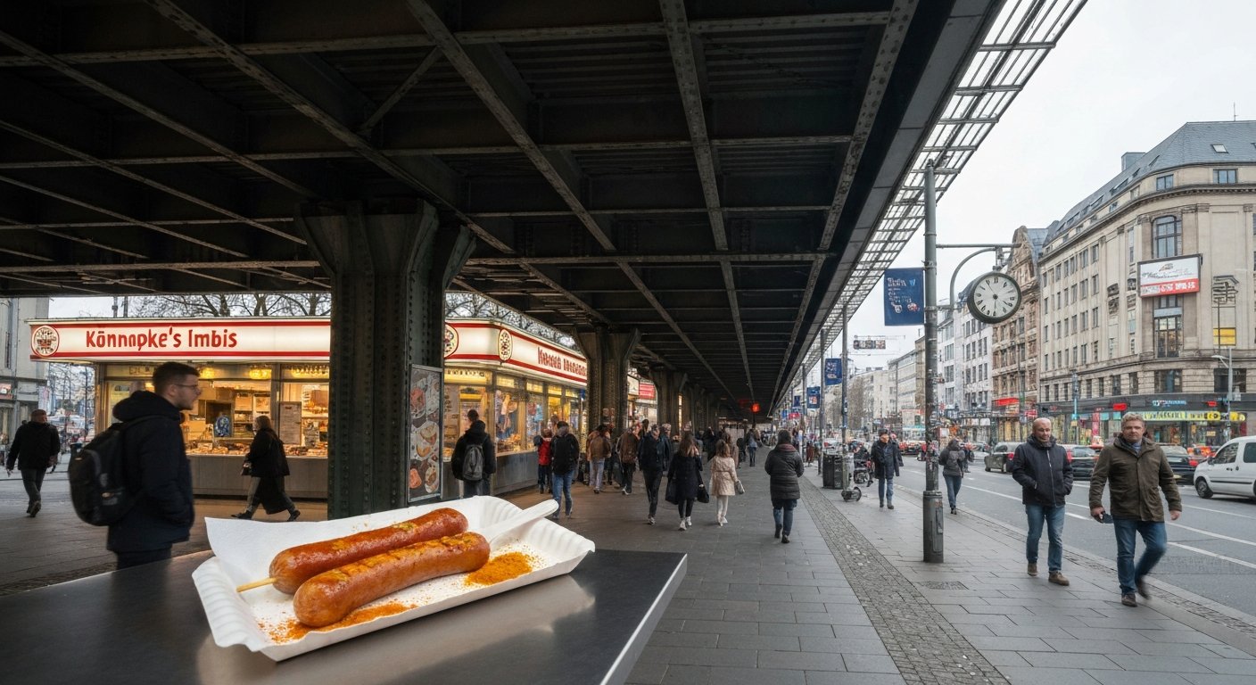 Konnopke’s Imbiss under the elevated U2 at Eberswalder Straße, currywurst on a paper tray with curry powder and late-day commuters in frame