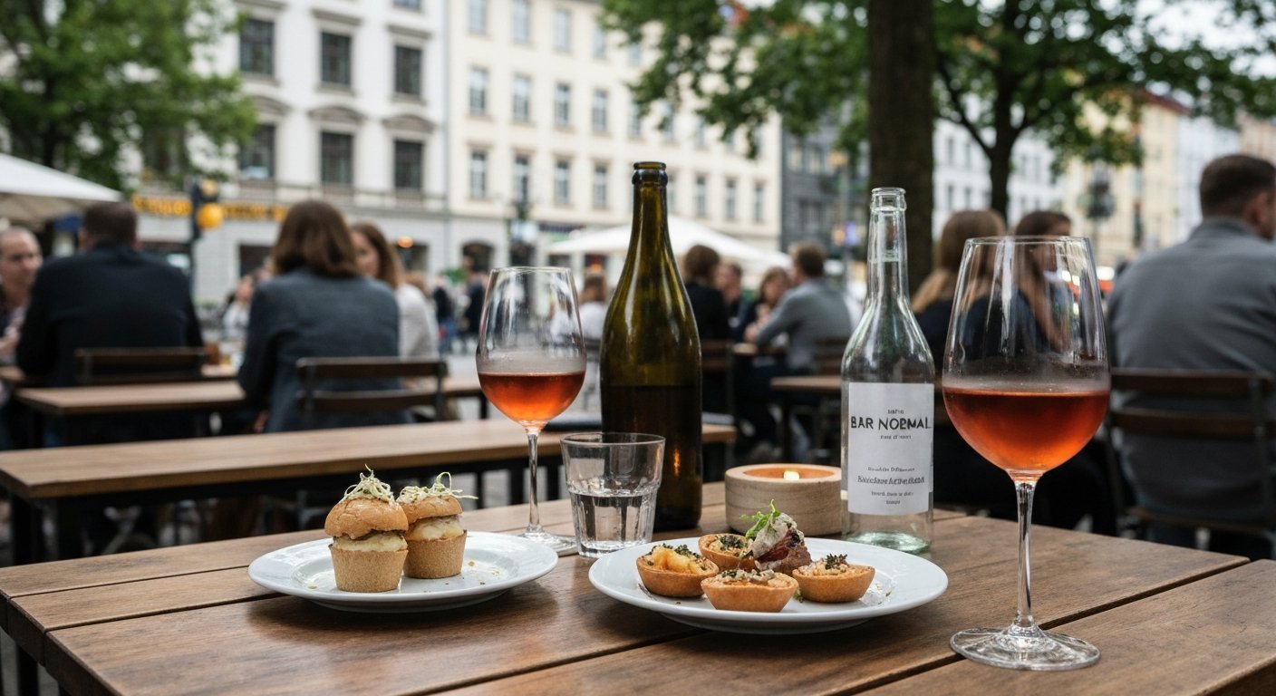 a natural-wine table at Bar Normal in Prenzlauer Berg, low-lit glasses, small bar food plates and a relaxed evening crowd