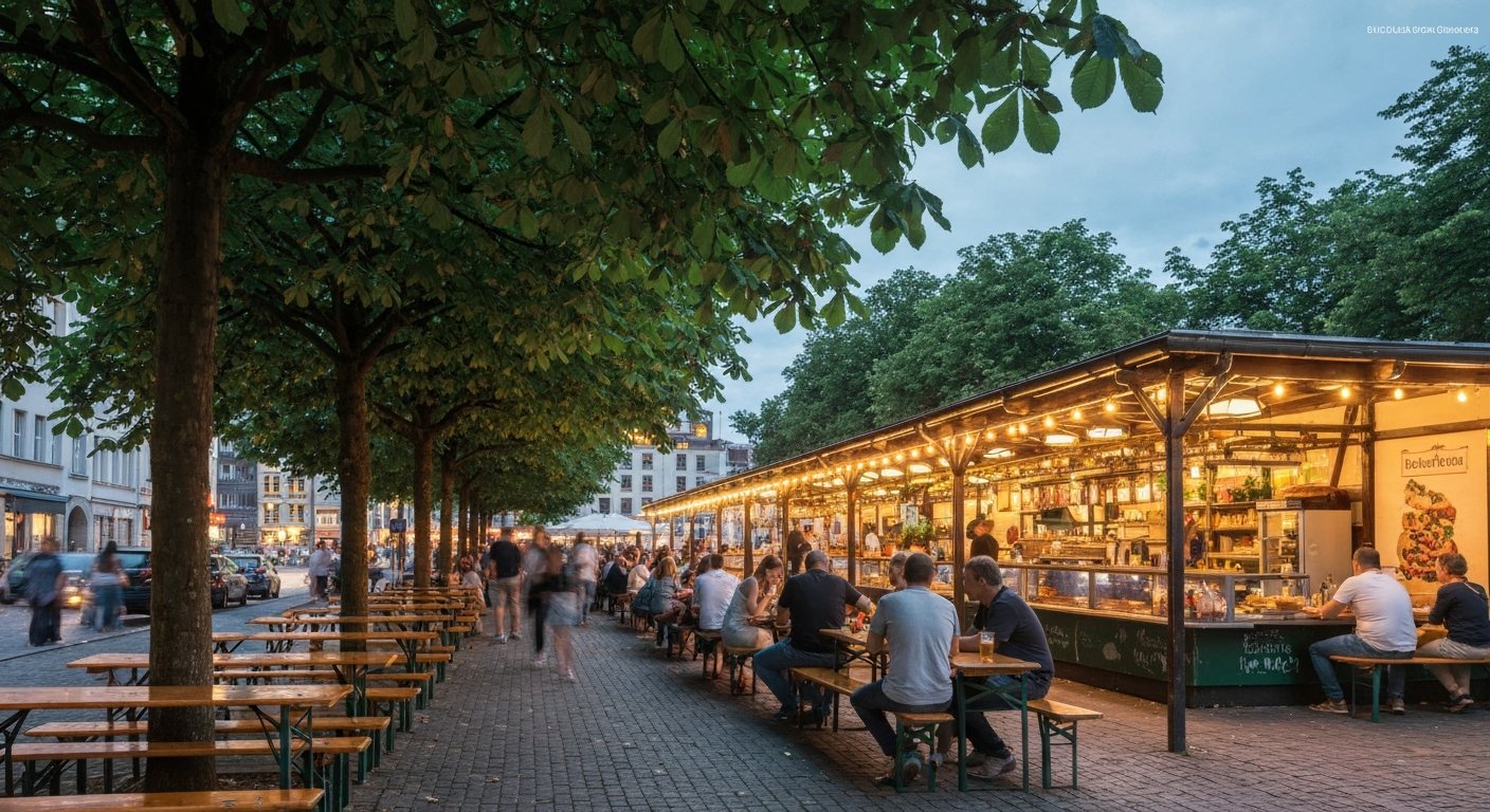 Prater Garten on Kastanienallee in early evening, chestnut trees overhead, long wooden benches, self-service beer and summer light
