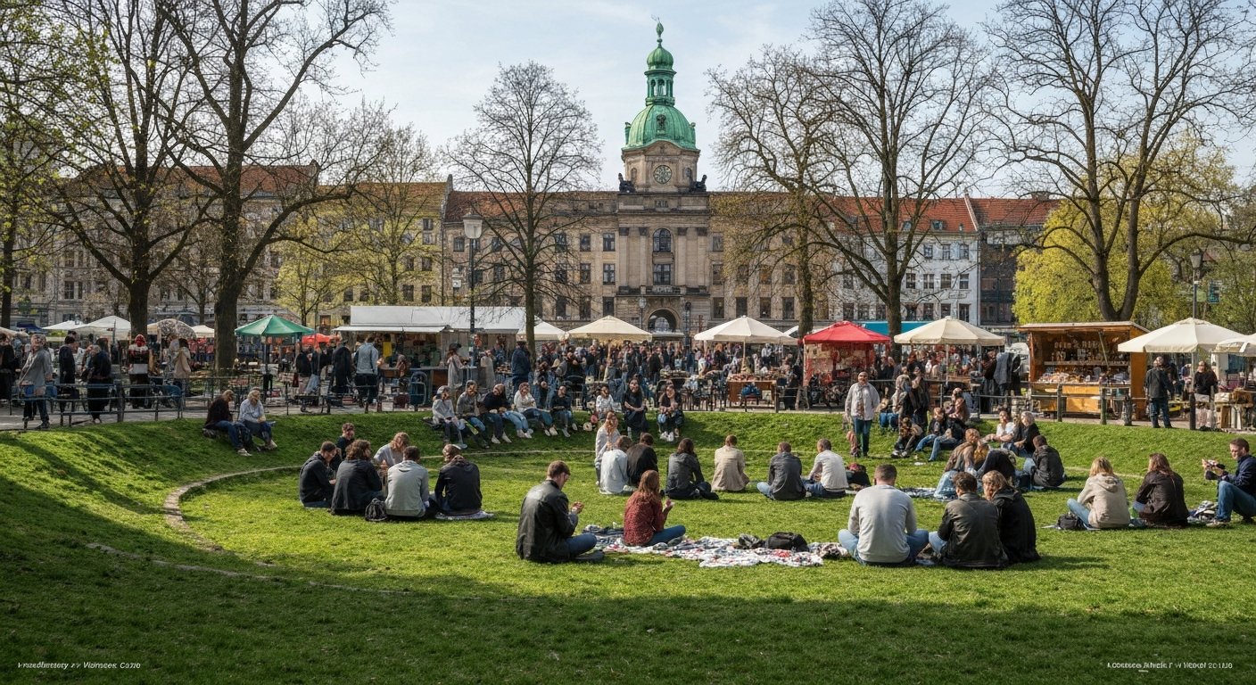 Mauerpark on a Sunday afternoon, Bearpit karaoke crowd gathered on the grassy bowl with flea market stalls and spring light