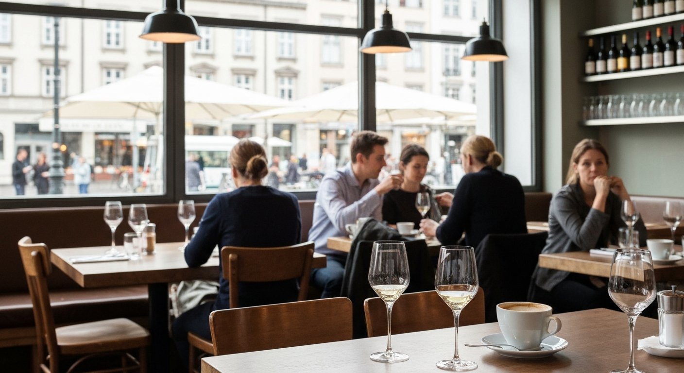 the daytime interior of Julius on Nettelbeckplatz, with wine glasses, coffee cups and a calm lunch service atmosphere