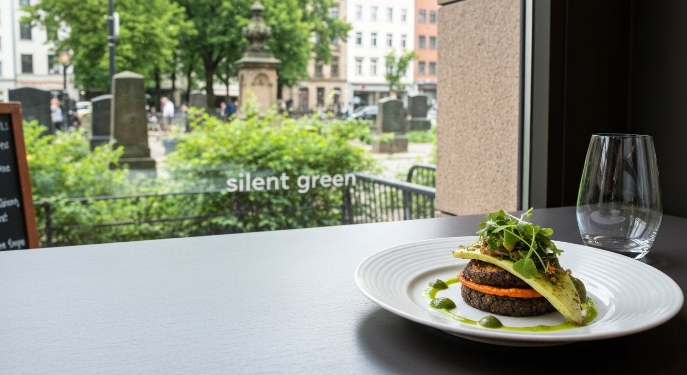 a plated vegetarian dish at MARS inside silent green, with old cemetery greenery visible through the window in soft daylight
