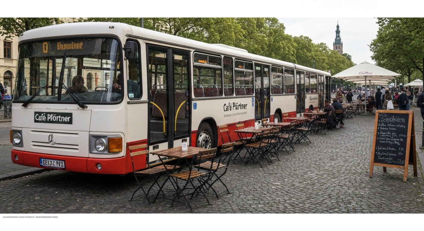 the converted city bus at Café Pförtner by the Uferhallen on Uferstraße, with tables set beside the bus and late-afternoon light