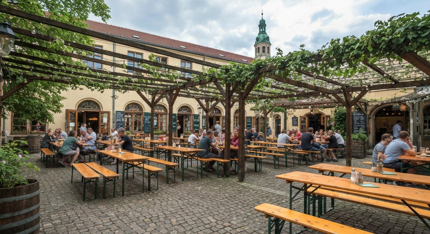 Eschenbräu’s oak-shaded courtyard beer garden near Leopoldplatz, with wooden tables, pints and a relaxed picnic setup in summer