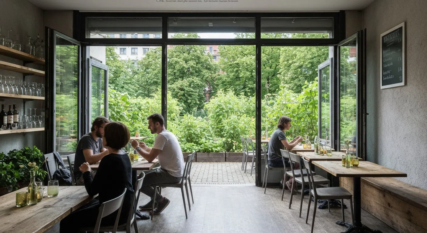 La sala da pranzo del Café Botanico che si apre sul suo giardino permaculturale di 1.000 m² su Richardstraße, file di foglie visibili dietro i tavoli nella morbida luce pomeridiana