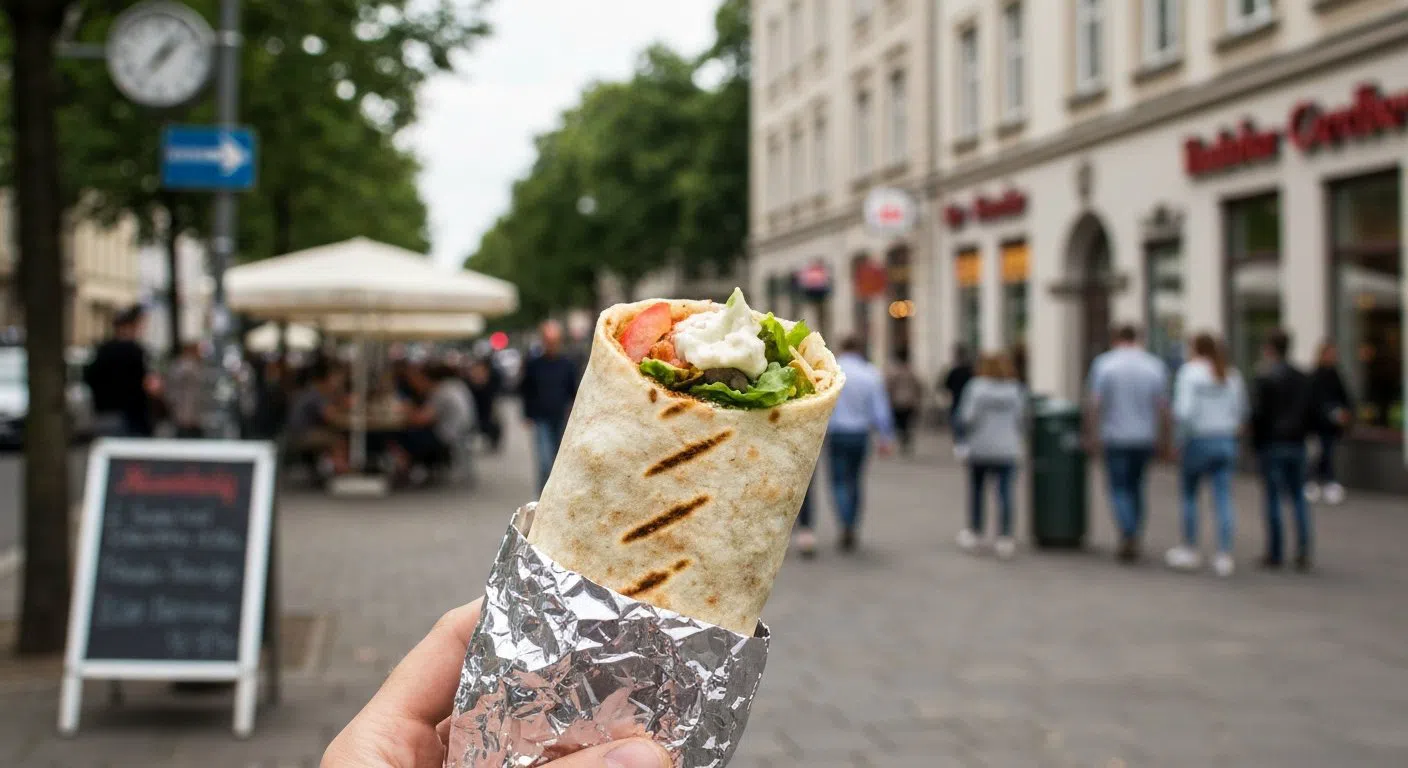 uno shawarma wrap di Aldimashqi su Reuterstraße, tenuto in mano su un marciapiede di Neukölln in foglio e carta, salsa all'aglio visibile sul bordo tagliato